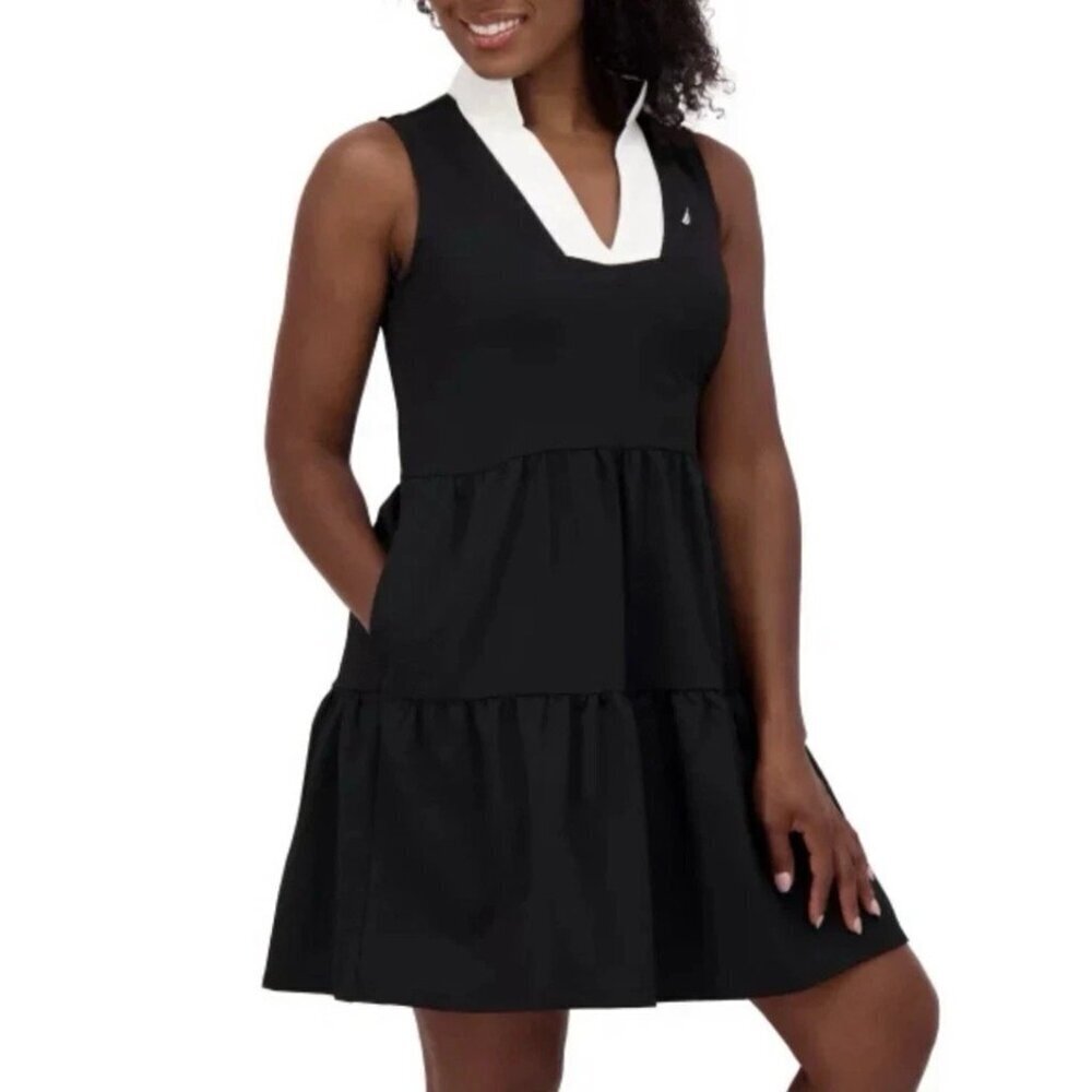 NWOT Nautica Jeans Women's Size L Sleeveless Tiered Black Dress Knee Shirt Dress - Picture 3 of 11